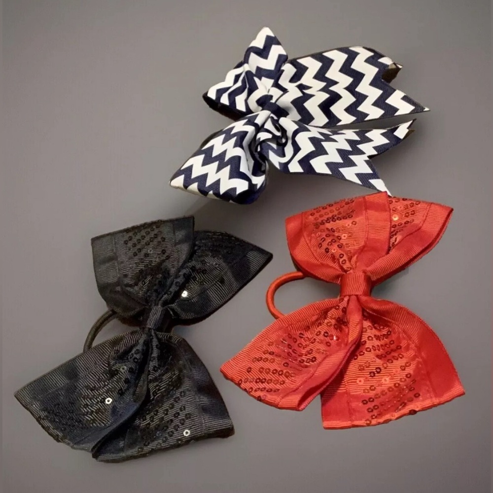 Lot Of 3 Girls Hair Bows, Red Sequin, Black Sequin, Navy & White Zigzag - Picture 2 of 2